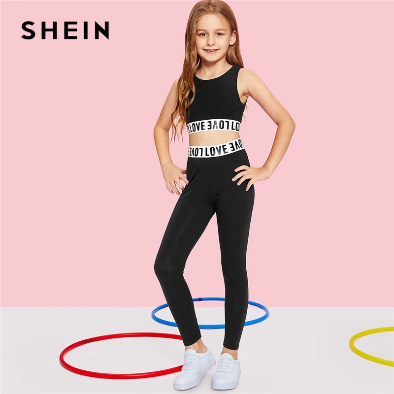 SHEIN Black Letter Print Crop Top And Pants Girls Clothing Two Piece Set 2019 Active Wear Fashion Sleeveless Children Clothes SHEIN Black Letter Print Crop Top And Pants Girls Clothing Two Piece Set 2019 Active Wear Fashion Sleeveless Children Clothes