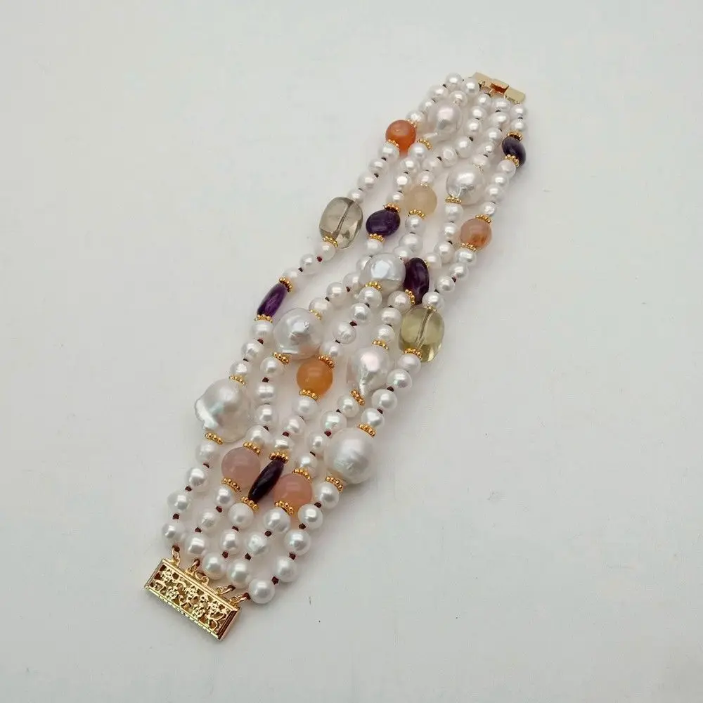 

Keshi Pearl Bracelet 5 Rows Purple Crystal Onyx 8''