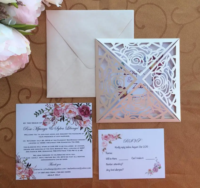 Индивидуальные Румяна розовая лазерная резка, для свадьбы Пригласительные открытки для вечернки с RSVP, комплект для приветствия, 100 шт, экспресс - Цвет: Customize printed