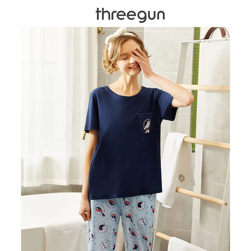 

THREEGUN New Loose Short-sleeved Pajamas 100% Cotton Ladies Home Set Pyjamas Women Printed Casual Loose Suit Nightwear Sleepwear