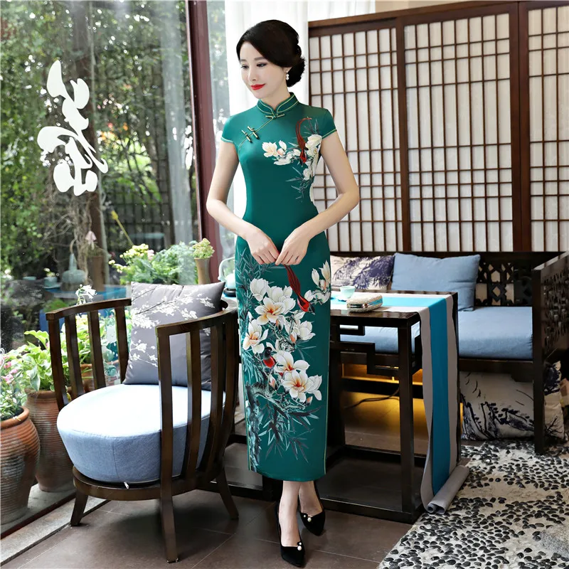 Шанхай история из искусственного шелка Qipao длинное платье Cheongsam национальный тренд платья короткий рукав тонкий традиционный китайское