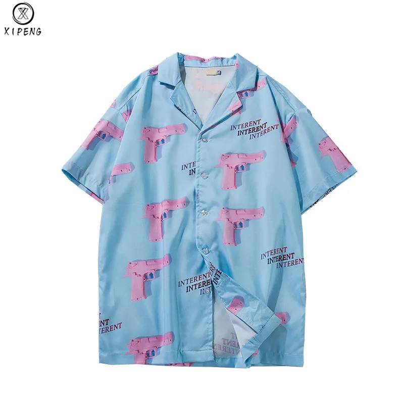 

Gun Print Sky Blue Beach Hawaiian Aloha Shirts 2019 New Summer Mens Casual Short Sleeve Shirt Male Fashion Loose Shirts Tops