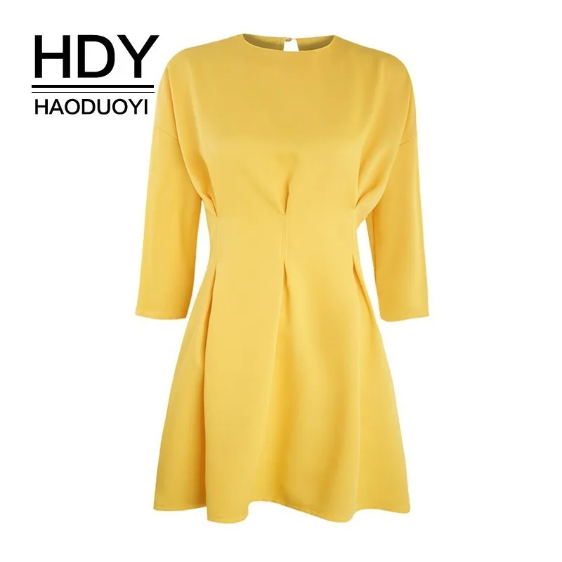 

HDY Haoduoyi Femme Stylish Simple Elegant Intellectual Office Lady Round Neck Zippers Pleated Yellow Graceful Mini Dress