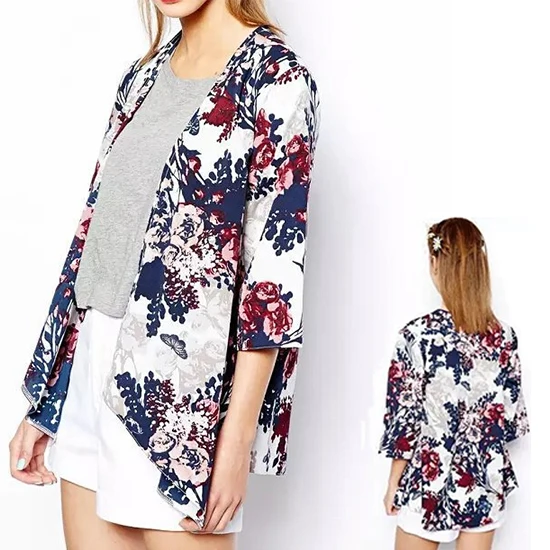 

Kimono Cardigan Fashion New Shawl Print Flowers Women Jacket Simple Style