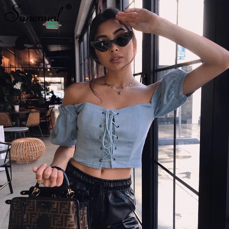 

Simenual Fashion Lace Up Denim Shirts Women Off Shoulder Solid Blouses Sexy Short Sleeve Jeans Blouse Shirt Summer 2019 Vintage