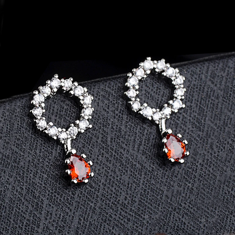 

Small exquisite zircon stud earrings 925 Red water drop zircon earrings women luxury