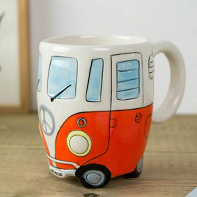 

2018 Practical Kawaii Cartoon Bus Mugs Retro Ceramic Cup Creative Unique Hand Painting Coffee Milk Tea Mug Drinkware 4 Color