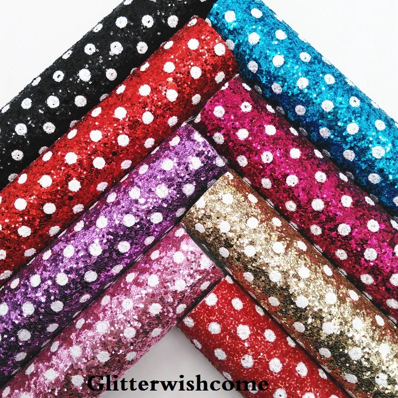 

Glitterwishcome 21X29CM A4 Size Vinyl For Bows Printed Polka Dots Chunky Glitter Leather fabric Vinyl for Bows, GM192A