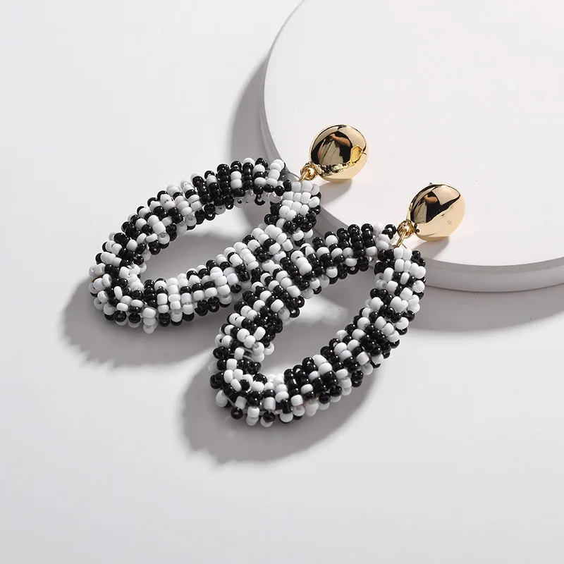 

Black White Beads Wrapped Oval Drop Earrings for Women Boutique Jewelry