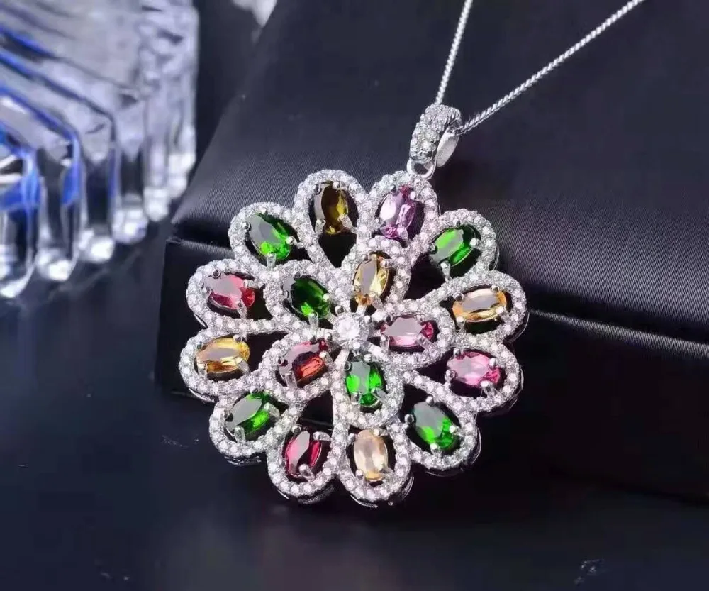 Naturel multicolore tourmaline hortensia pendentif rond pierre naturelle pendentif collier S925 arg