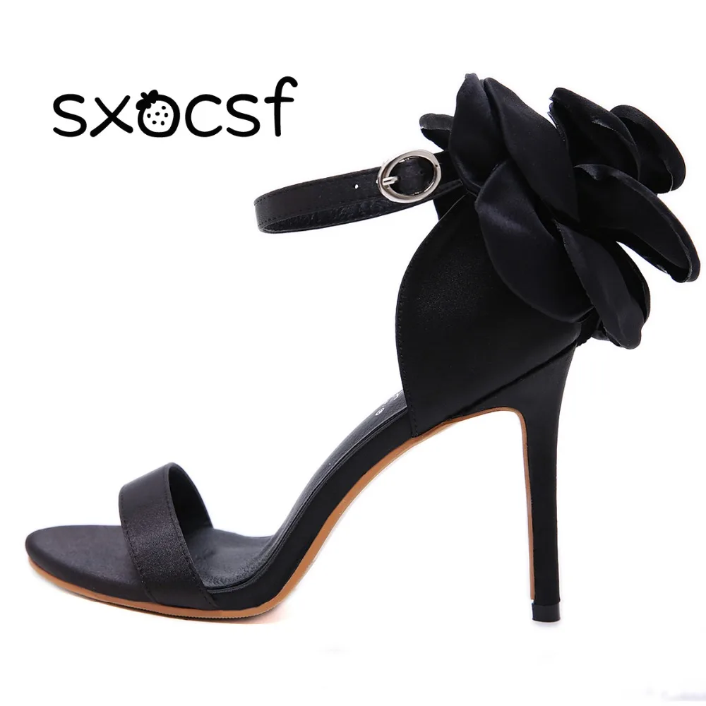 

New High Heels Sandals Open Toe Shoes Oversize Satin Black Flower Heels Ankle Buckle Strap Stiletto Wedding Dress Shoes Women