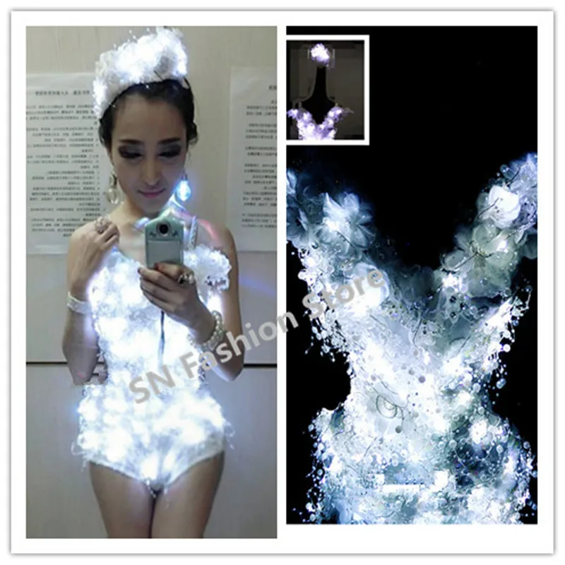 

X02 White color LED light women stage dancing costumes/bra ballroom dj disco bar singer car models photo ballet dress party show