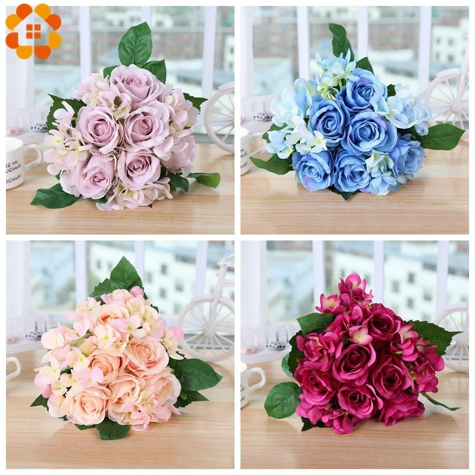 

6 Heads/Branch Silk Rose Hydrangea Bouquet Artificial Flower Branch For Wedding Birthday Party Home Garden Decoration Supplies