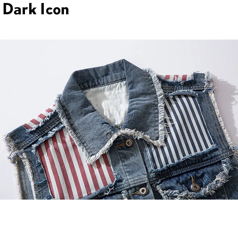 Dark Icon Ripped Patchwork Men's Vest New Fashion Denim Vest Hip Hop Vest Men Streetwear Clothing