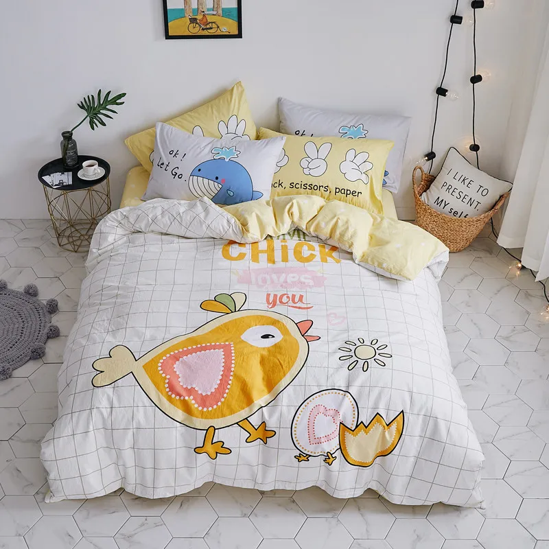 

Cartoon Chick Reactive Printed Bedding Double Duvet Cover 100% Cotton Bedding Sets Kids Cartoon Yellow Chick Bed Linen Cotton