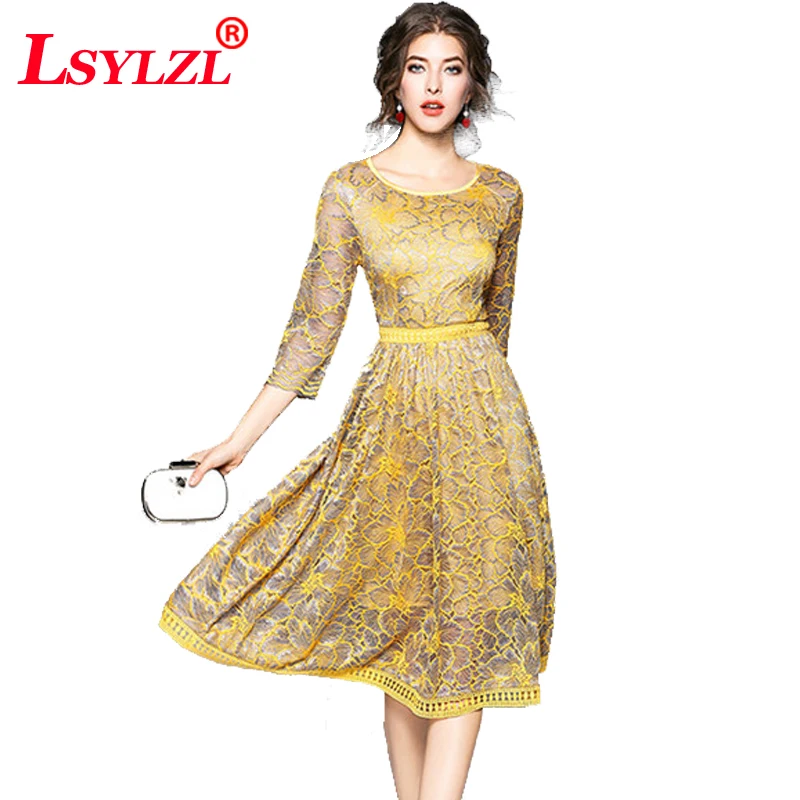 

Robe Femme Sexy Vintage Floral Lace Dress Women Elegant Long Sleeve Yellow Beige Retro Style Swing Wedding Party Dress C72