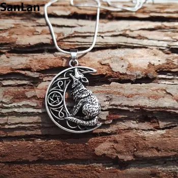 

20pcsnew arrival hot sell Fashion Unisex Moon Howling Wolf Pendant men necklace with 60cm snake chain SanLan