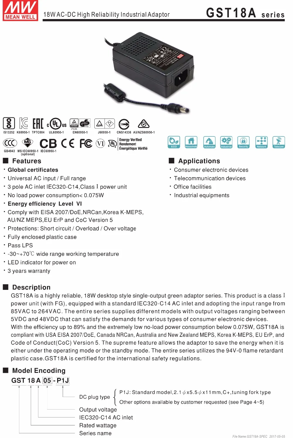 Meanwell GST18A05-P1J AC/DC адаптер питания 15 Вт 5 В 3A уровень VI MEAN WELL настольный адаптер выход источник питания