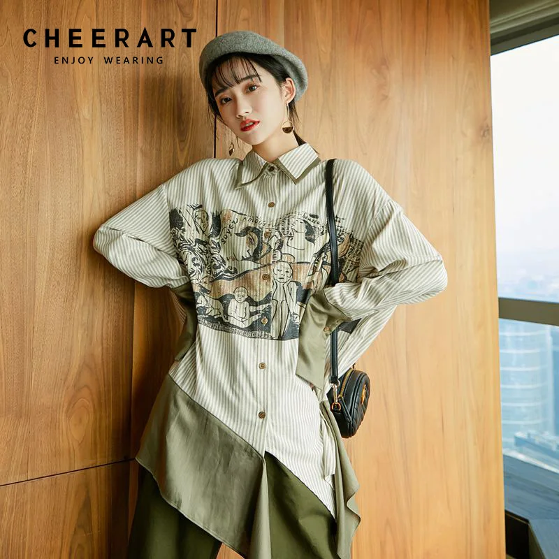 

Cheerart Striped Shirt Long Sleeve Asymmetrical Top Women Patchwork Art Print Dark Green Blouse Spring 2019 Clothing