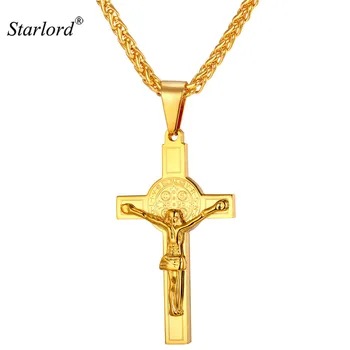 

Saint Benedict Cross Crucifix Necklace Pendant Trendy Stainless Steel/Gold Color Chain Men Christian Jesus Piece Jewelry GP1834