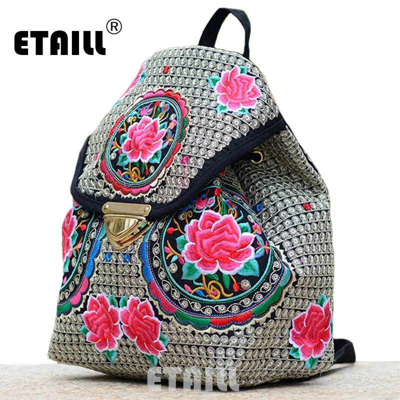 Ethnic Flower Embroidery Backpacks National Wind Personality Boho Thai Embroidered Canvas