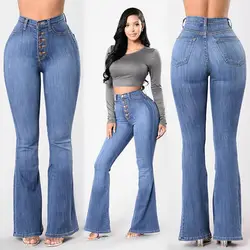 Пикантные Высокая талия джинсы для женщин для однобортный свободные плюс размеры повседневное джинсовые расклешенные брюки