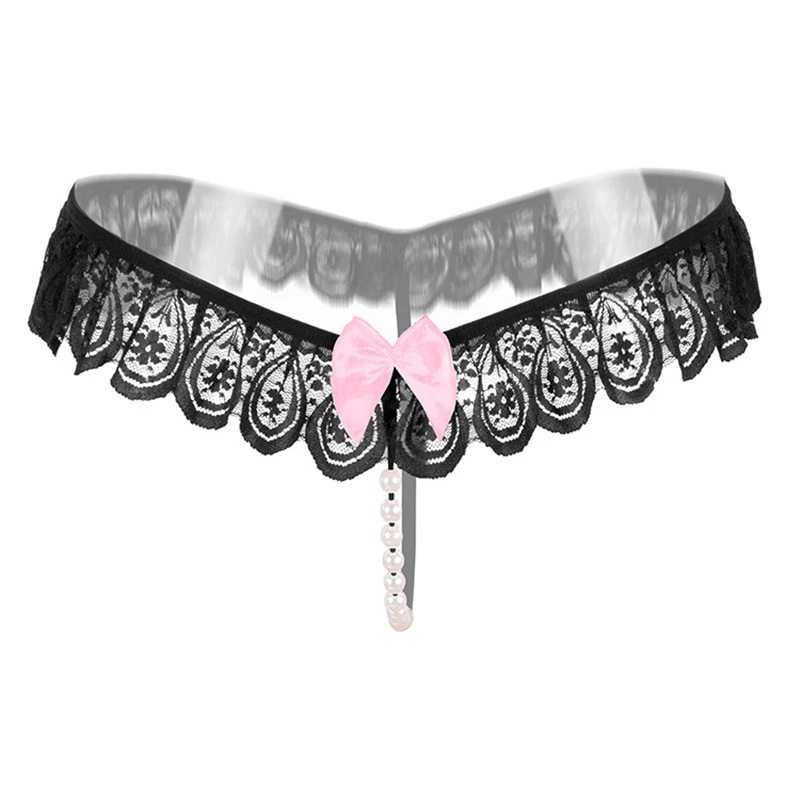 Sexy Underwear Lace Bow Briefs With Pearls Women Thongs And G Strings Tangas Women Sexy Panties Erotic Transparent Panties (7)
