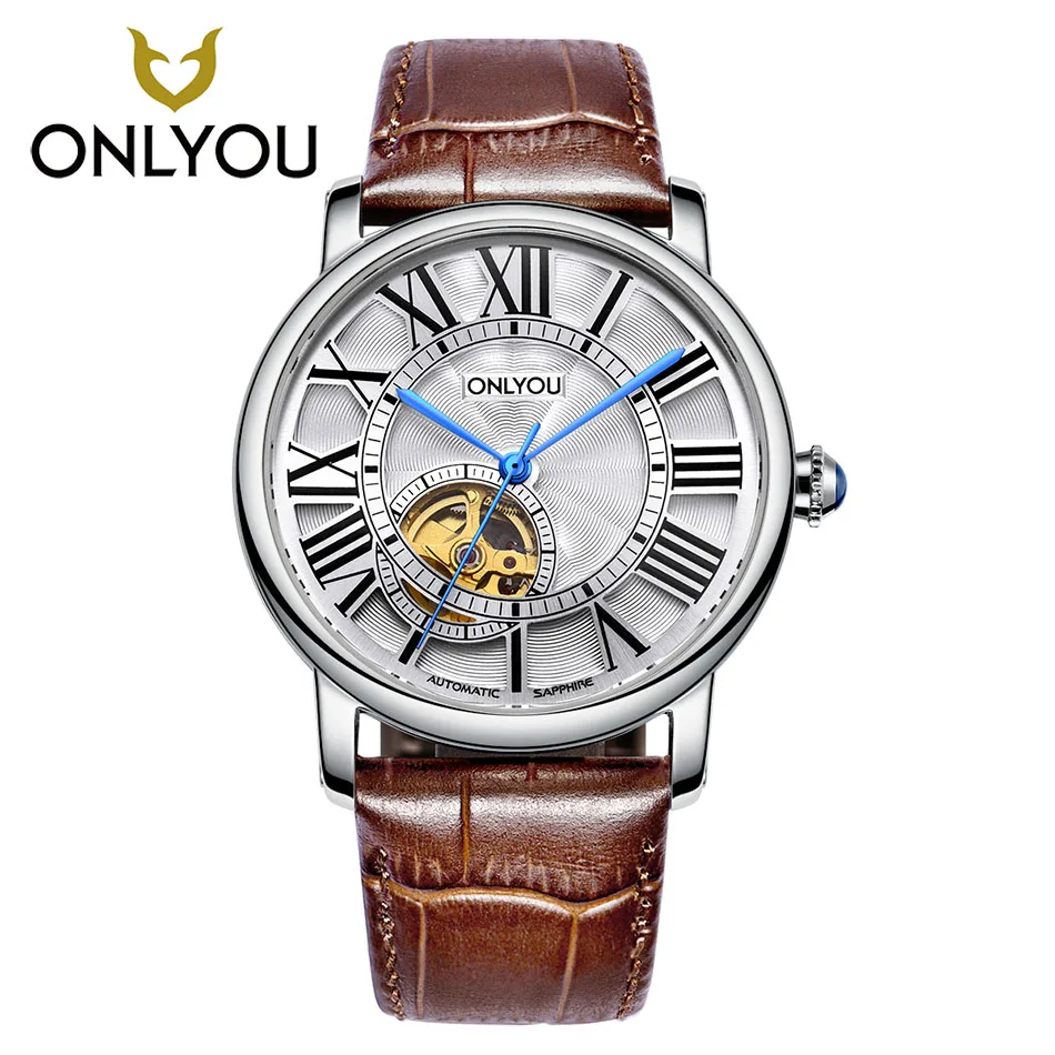 

ONLYOU Silver Mens Watches Top Brand Luxury Dress Leather Watchband 10Bar Mechanical Watch Women Watches Male Wristwatch