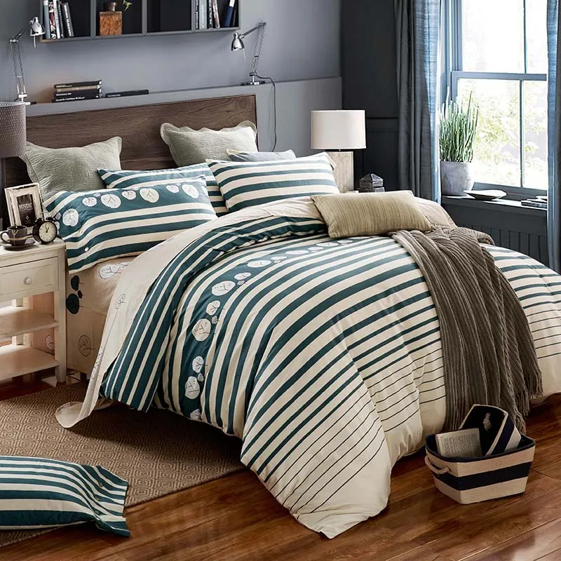 Waliicorners 4pcs 100%Cotton Printed Bedding set Button Duvet Cover set Bedsheet Pillowcases Queen King Size bed linen 29 IMG_4864