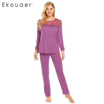 

Ekouaer Spring Autumn Women Long Pajama Set Casual O-Neck Long Sleeve Lace Patchwork Solid Loose Pajamas Sets Nightwear Suits