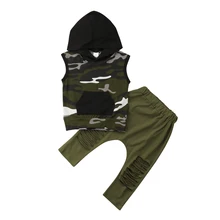 Детские для маленьких мальчиков с капюшоном футболки рваные длинные штаны с камуфляжным принтом комплект одежды