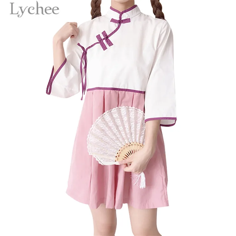 Личи Harajuku Cheongsam хит разноцветное платье с рукавом Три четверти воротником