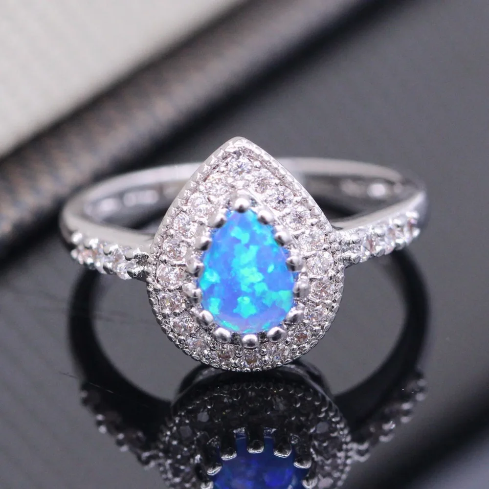 

New Arrival White Blue Opal Water Drop Sultan Finger Ring Crystal For Women Tuikish Silver Filled Wedding Engagement Jewelry