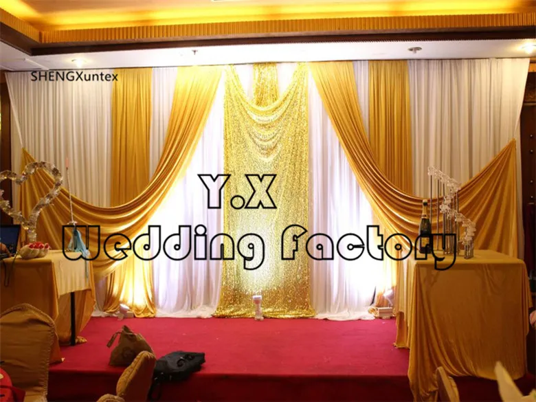 

White And Gold Color Ice Silk Backdrop Drape Curtain Include The Middle Sequin Decoration And The Pipe Stand