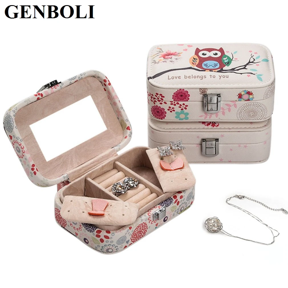 GENBOLI Owl Pattern Travel Jewelry Box Portable Leather Carrying Case Jewelry Organizer Storage Display Packaging Casket