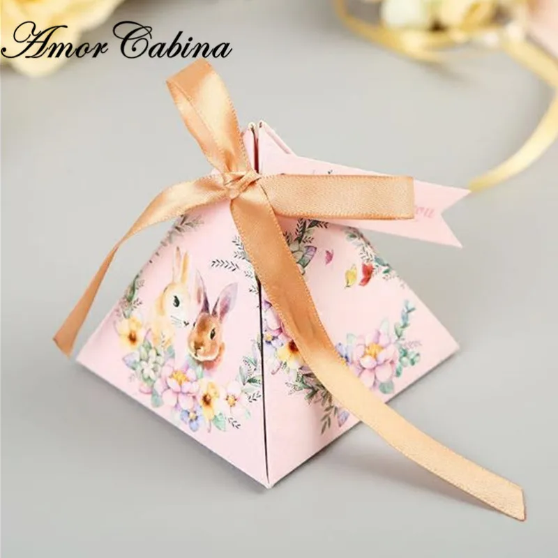 50 шт розовый/голубой сладкий цветок счастья милый кролик Пирамида Свадебная коробка шоколадных конфет Детские вечерние Подарочная коробка с лентой - Цвет: A