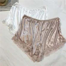 Сексуальная эластичная талия Лоскутная Вышивка кружевной подол атласный шелк сна дома ночное белье безопасности брюки летние короткие женские пижамы