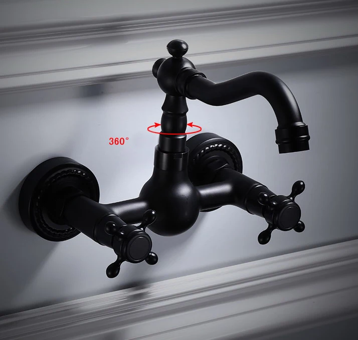 Dual Cross Handles Wall Mounted Oil Rubbed Bronze Bathroom Kitchen Basin Sink Swivel Faucet Mixer Tap ZD1279
