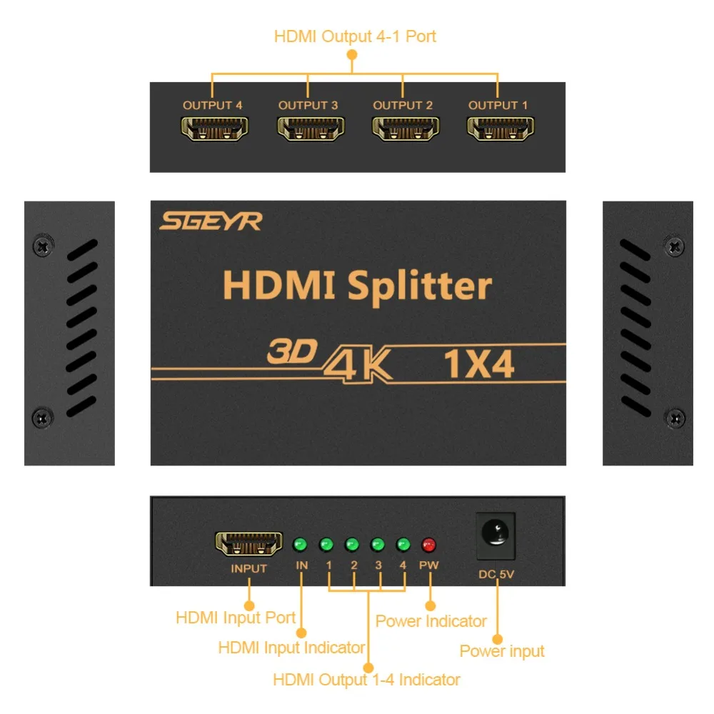 SGEYR 1.4v HDMI Splitter1X44Kx2K 4 Way HDMI Splitter 1 input 4 outputSupport HDMI 1.4HDCP4Kx2K3D&1080P For HDTV Projector