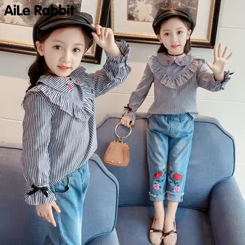 

AiLe Rabbit Girls Set 2018 New Autumn Rose Jeans Suit Striped Shirt Lotus Leaf Embroidered Top 2 Piece Set Long Sleeve 5b