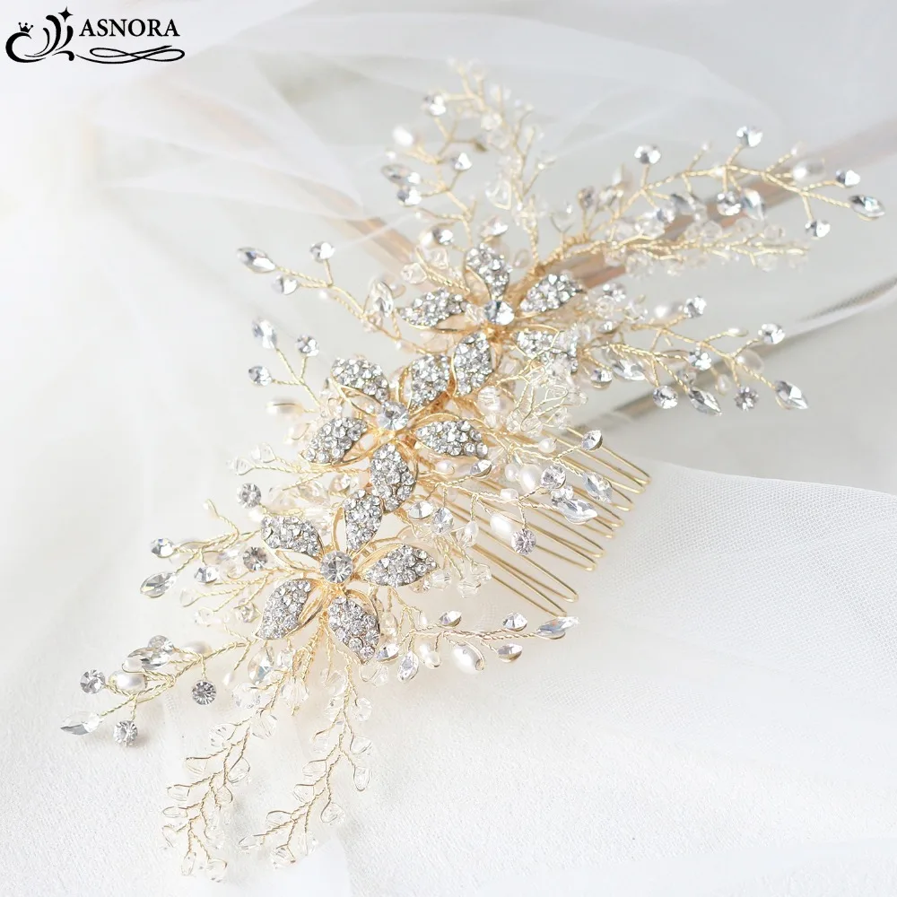 ASNORA гребни для невест золото метол с блестящими кристаллами и жемчугом свадебные аксессуары для волос свадебные головные уборы для волос
