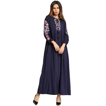 

Middle Eastern Muslim long-sleeved round neck pullover loose women's dress Arab Dubai cotton embroidered dress