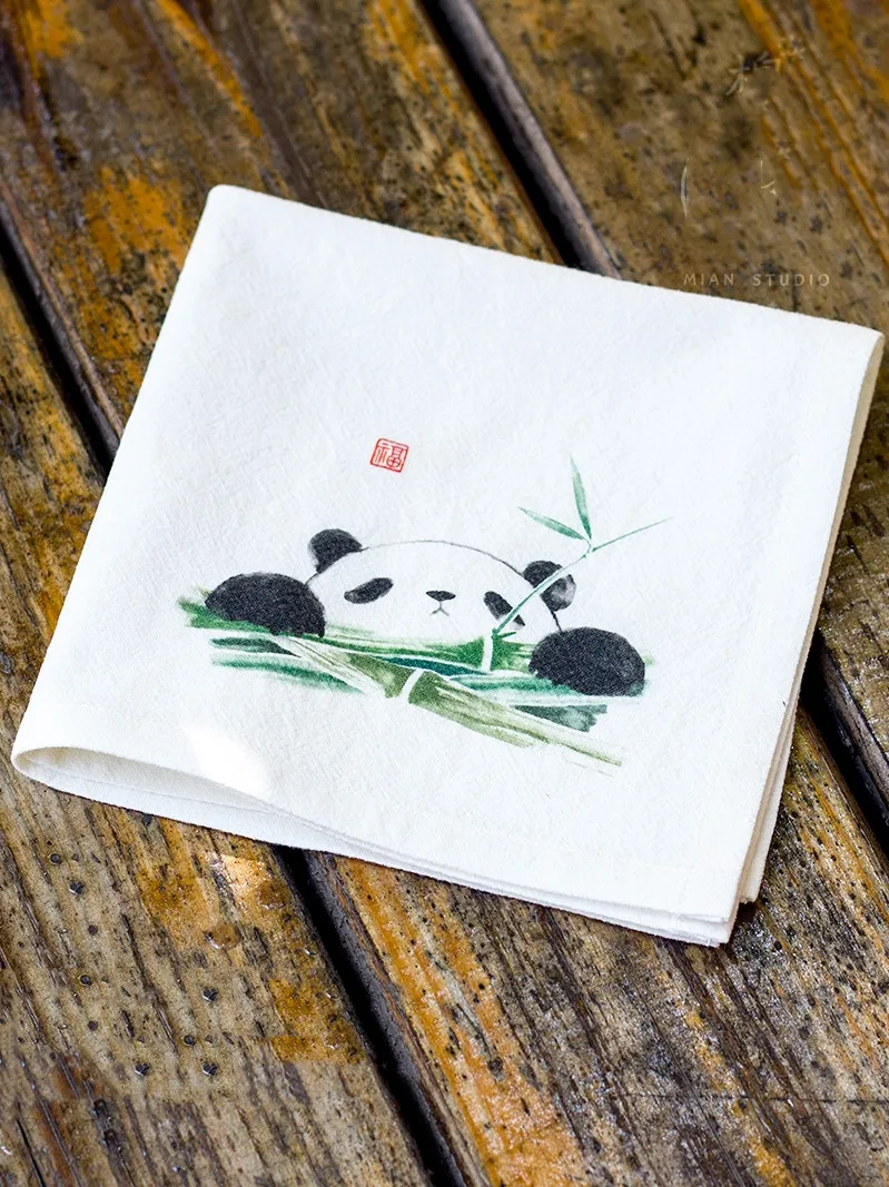 

Hand Painting Cute Panda Cotton Handkerchief Gift Chinese style Women Fashion Accessories Thicken Natural Linen Small kerchief