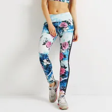 Высокая талия 3D китайская живопись Пион печатных синие женские спортивные леггинсы повседневные леггинсы длиной до щиколотки бегущие брюки