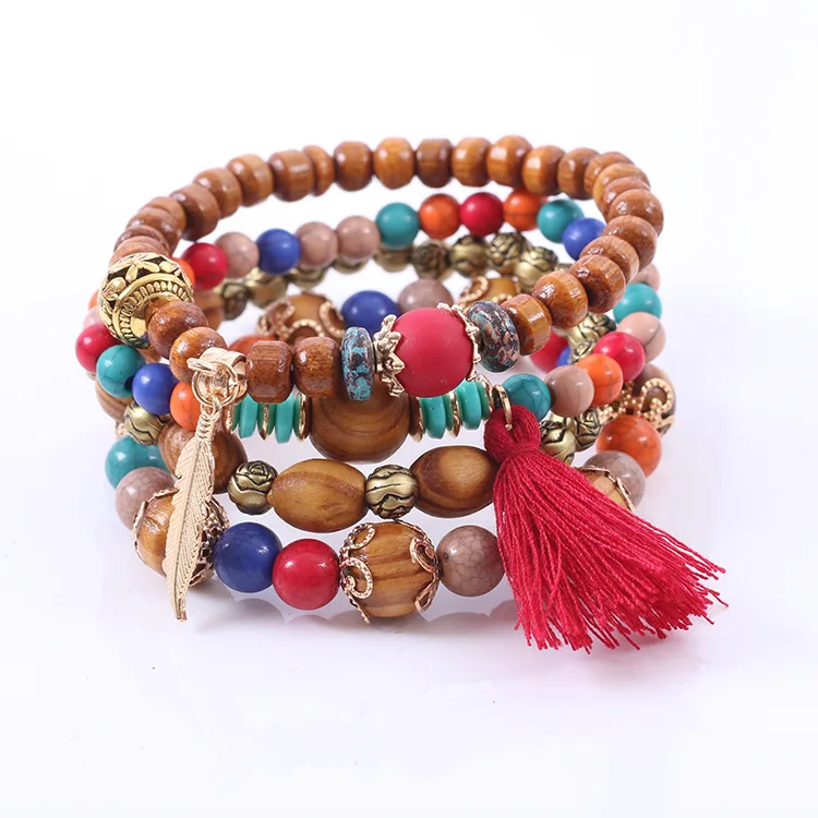 

4PC/set Wooden Beads Bracelets for Women Bohemia Tassel Charm Bracelets & Bangles Set Boho Vintage Jewelry Femme 2019 Jewelry