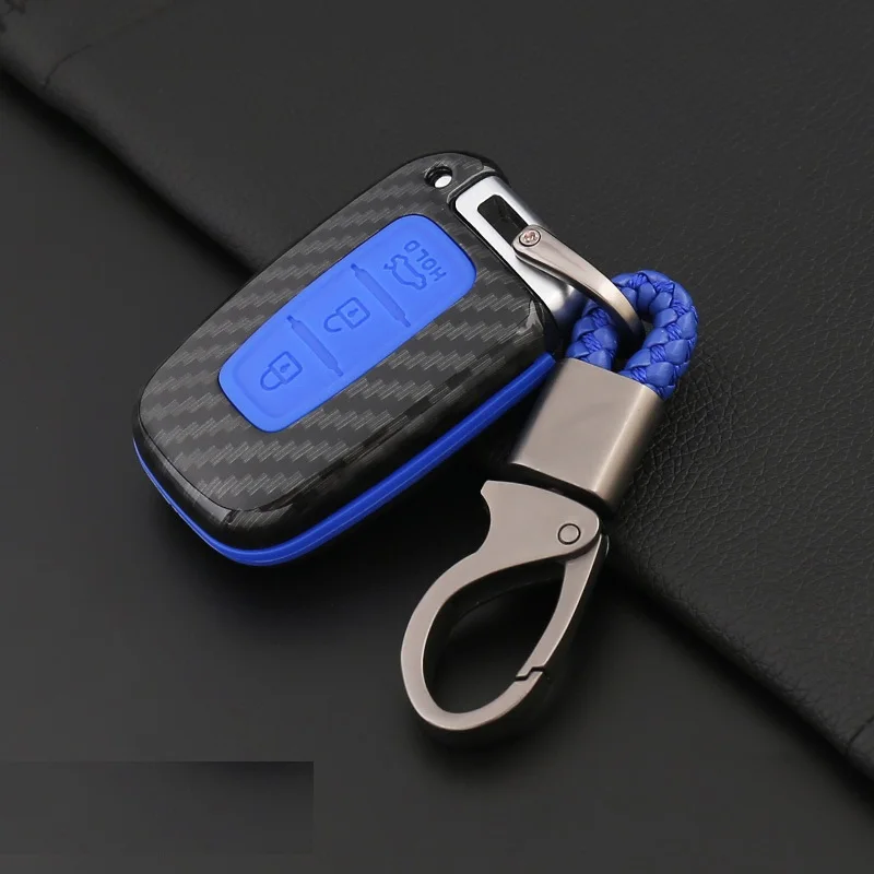 Силикон из углеродного волокна автомобильный чехол для ключей для hyundai Solaris HB20 Veloster SR IX35 Accent Elantra i30 ДЛЯ KIA RIO K2 K3 Sportage - Название цвета: Синий
