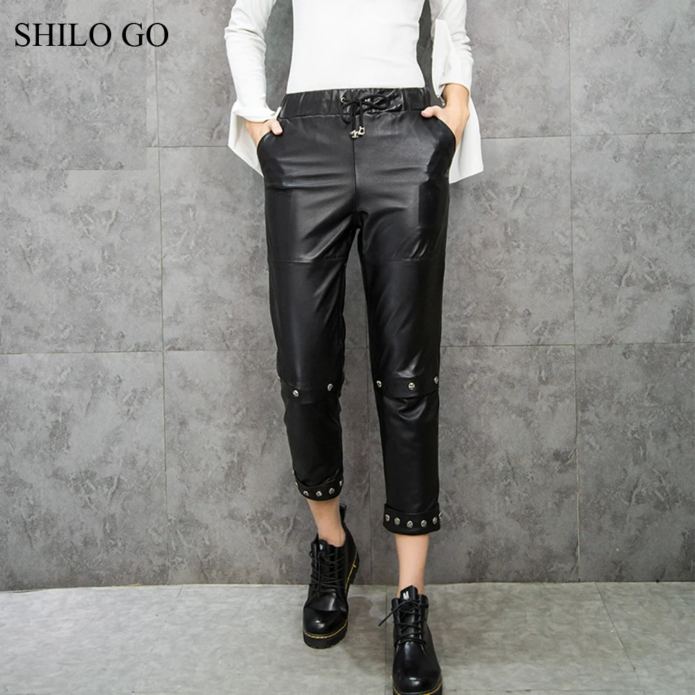 SHILO GAAN Leren Broek Womens Winter Fashion schapenvacht lederen Broek verstelbare stretch taille locomotief klinknagel Broek SHILO GAAN Leren Broek Womens Winter Fashion schapenvacht lederen Broek verstelbare stretch taille locomotief klinknagel Broek