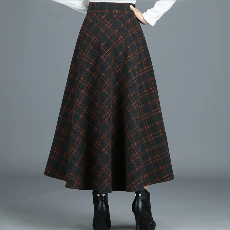 S-4XL New Women's Wool Blends Skirts Winter Autumn Fashion Elegant Printed Plaid Thicken Slim Medium Length Skirt Female