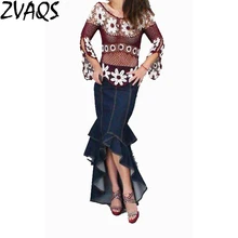 Новое поступление, женская джинсовая юбка русалки в европейском и американском стиле, модные длинные синие юбки с оборками спереди S3018