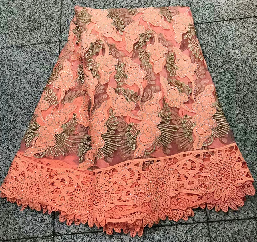 

Peach Good quality nigerian guipure french tulle lace fabrics Beads embroidery french tulle lace fabrics for women dress 5 yards